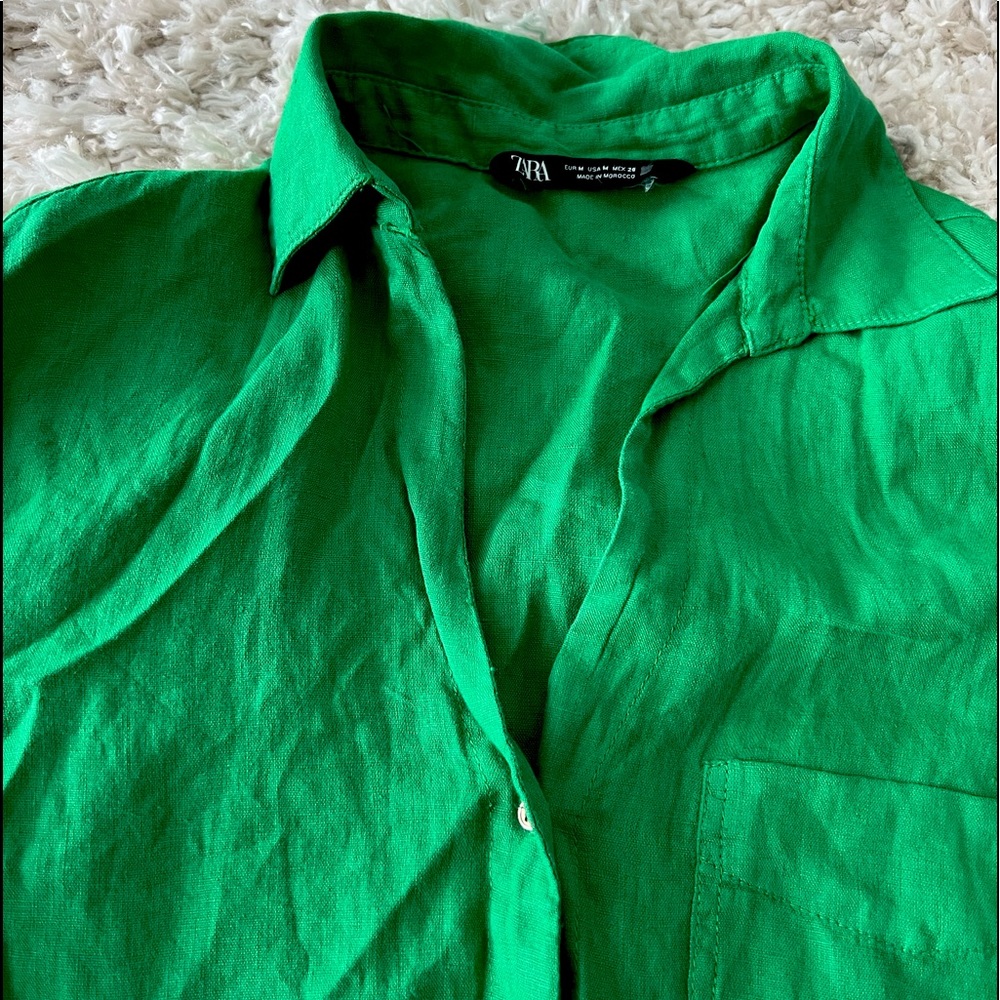 Zara Green Linen Button Down Shirt
